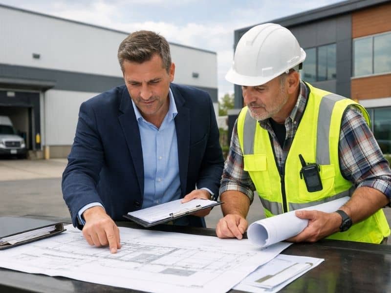 Commercial property buyer and surveyor reviewing site plans during due diligence for a transaction requiring ALTA land surveys