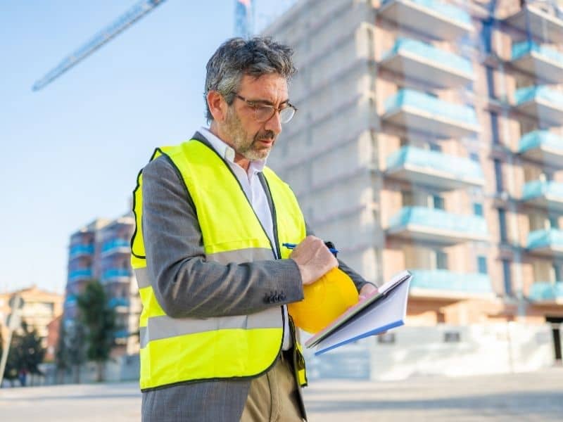 alta-land-survey-title-report-comparison | St. Louis Land Surveying Professional reviewing property documents at a commercial site during an ALTA land survey to verify conditions beyond the title report.