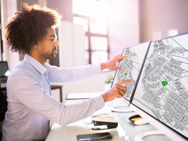 Professional reviewing digital property maps and land records to compare boundary information and resolve conflicting property descriptions through a boundary survey.