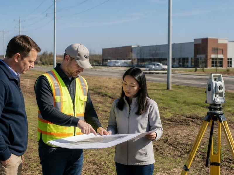 Commercial easement survey in St Louis MO showing a surveyor and development team reviewing utility, access, and site constraints before planning construction.