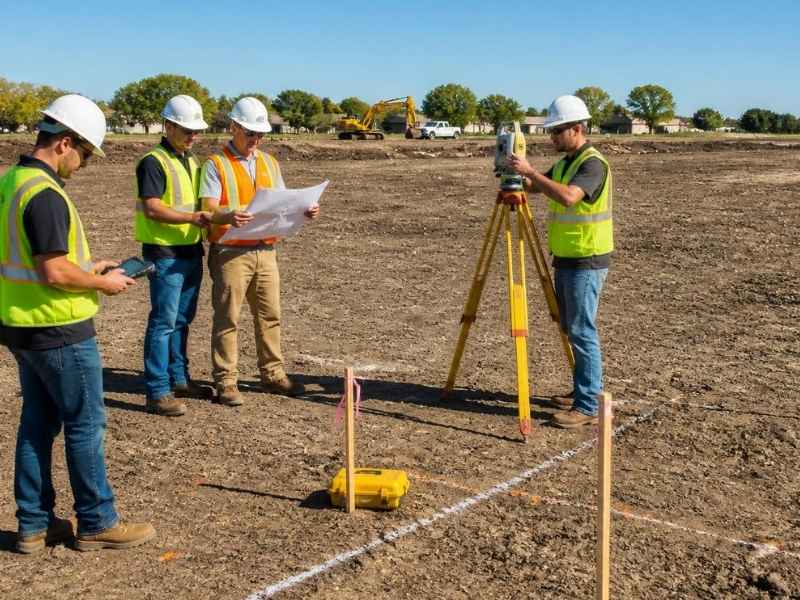 Construction surveyors in St Louis MO preparing control points, layout stakes, and site measurements before heavy equipment arrives.