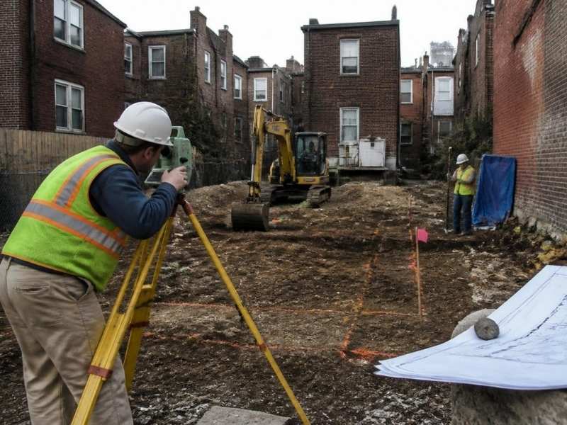 Licensed surveyor performing a construction survey on an urban infill lot in St. Louis, MO before development begins.