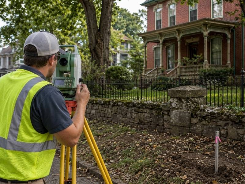 older property surveying st louis mo | St. Louis Land Surveying Land surveyor in St. Louis, MO, using a total station to examine an older residential property with established fences, a stone wall, and boundary markers.